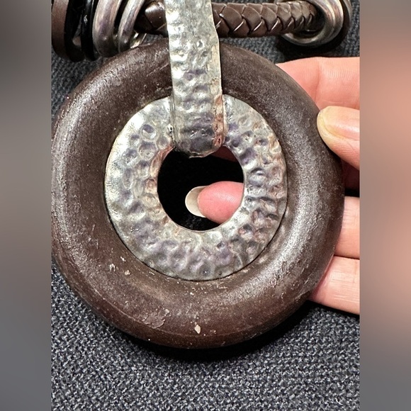 Artisan Necklace Brutalist Statement Brown Wood Ring Silver Tone Braided 3405 W - Picture 14 of 15